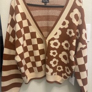 Brown and Cream Patterned Women's Sweater